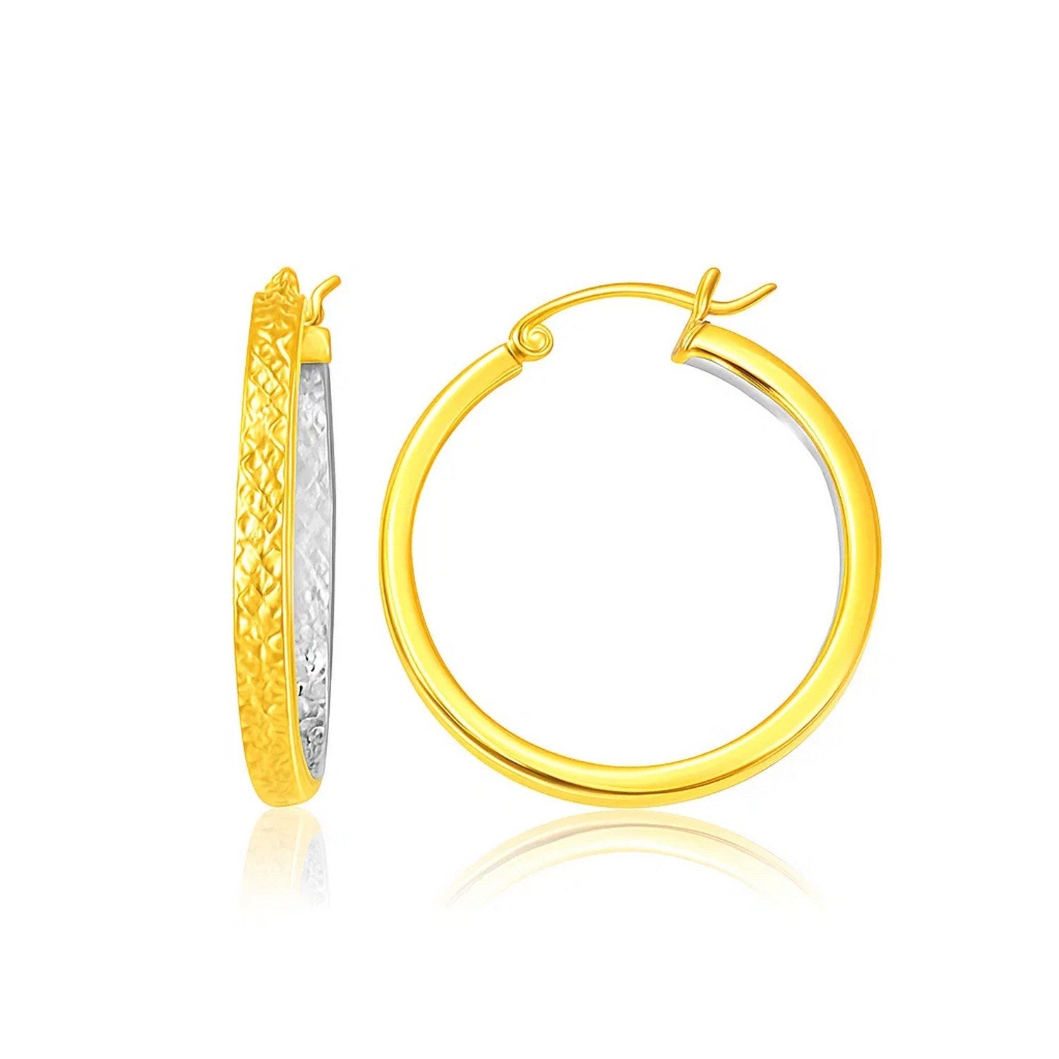 Two-Tone Yellow and White Gold Medium Patterned Hoop Earrings(3x30mm) in a sleek high-contrast midnight luxury editorial styl